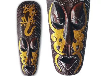 Rzeźba Maska z Drewna z Jaszczurką 80cm Rękodzieło Orient